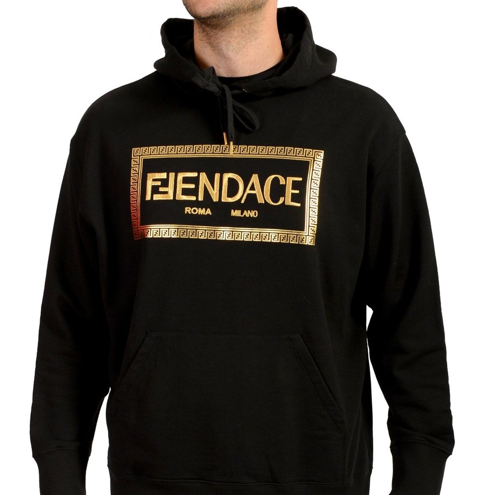 Fendace Men's Black&Gold New Logo Embroidery Hooded Sweatshirt Hoodie US L IT 52